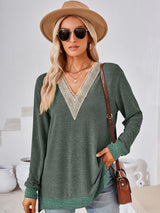 Crochet Contrast V-Neck Long Sleeve Slit T-Shirt