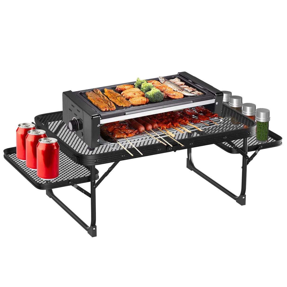 Foldable Camping Table Collapsible Picnic Aluminum Alloy Grill Stand 88LBS Max Load BBQ Table with 2 Side Trays - Black