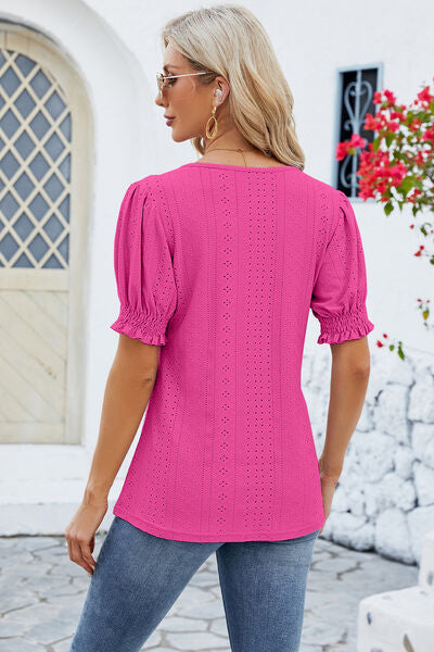 Eyelet Square Neck Short Sleeve T-Shirt