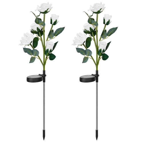 2Pcs Solar Powered Lights Outdoor Rose Flower LED Decorative Lamp Water Resistant Pathway Stake Lights For Garden Patio Yard Walkway - White