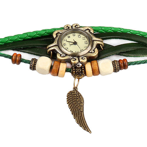 New! Beautiful Bohemian Style Retro Handmade Leather Angel Wing Women\'s Watches-green - Green