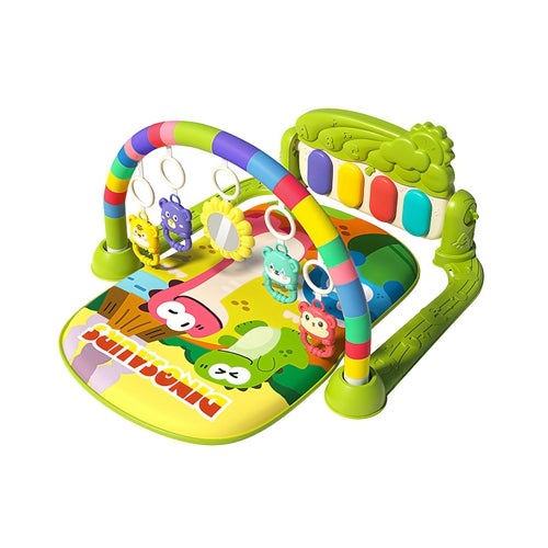 2 In 1 Baby Gym Play Mat Tummy Time Mat Musical Activity Center with 5 Rattle Toys 422 Melodies for 0-12 Months Old Space Dinosaur Unicorn - Green