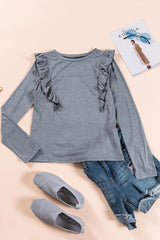 Ruffled Round Neck Long Sleeve T-Shirt