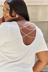 And The Why Pearly White Full Size Criss Cross Pearl Detail Open Back T-Shirt