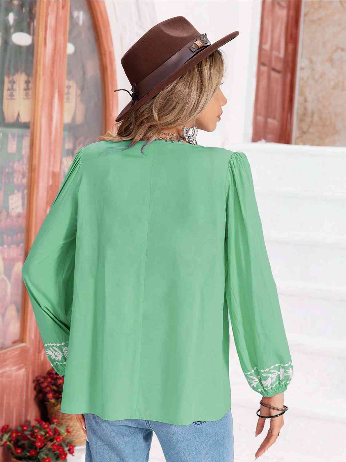 Floral Tie Neck Balloon Sleeve Blouse