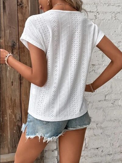 Eyelet V-Neck Short Sleeve T-Shirt