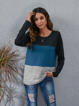 Color Block Round Neck Long Sleeve T-Shirt