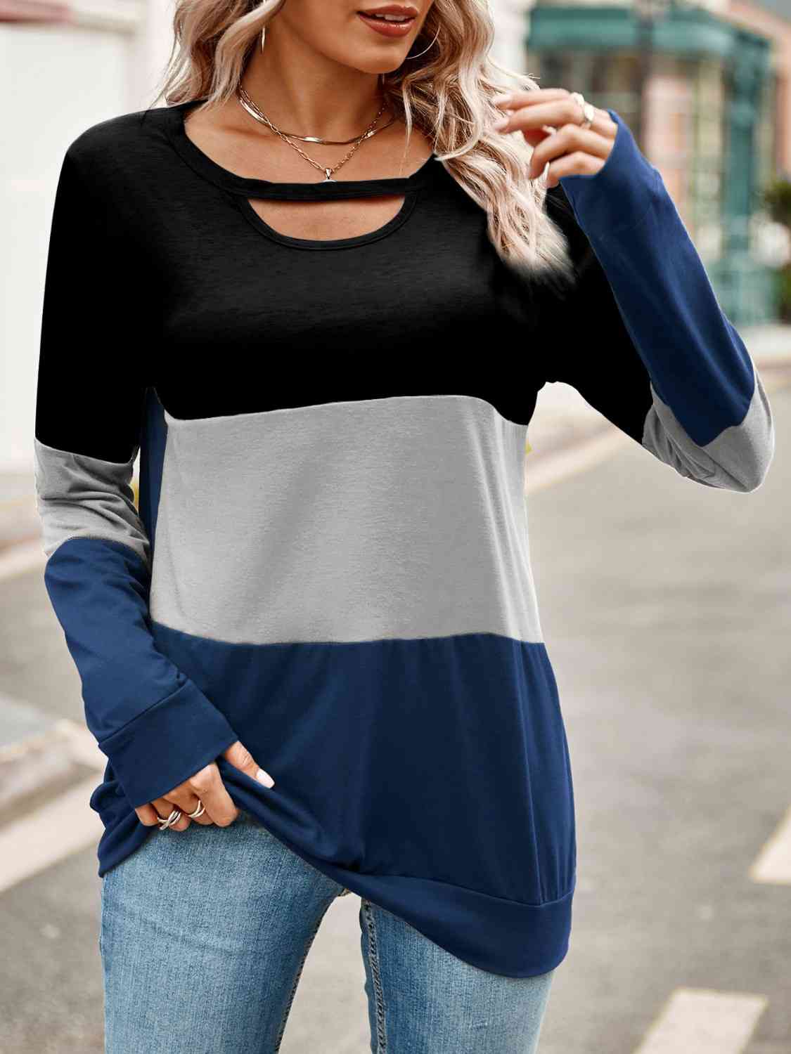 Color Block Cutout Round Neck Long Sleeve T-Shirt