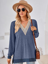 Crochet Contrast V-Neck Long Sleeve Slit T-Shirt