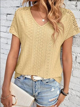 Eyelet V-Neck Short Sleeve T-Shirt