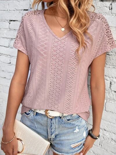 Eyelet V-Neck Short Sleeve T-Shirt