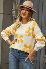 Floral Print Round Neck Dropped Shoulder Pullover Sweater