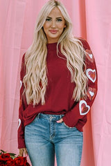 Heart Sequin Round Neck Long Sleeve T-Shirt