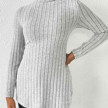 Ribbed Turtleneck Long Sleeve Slit T-Shirt