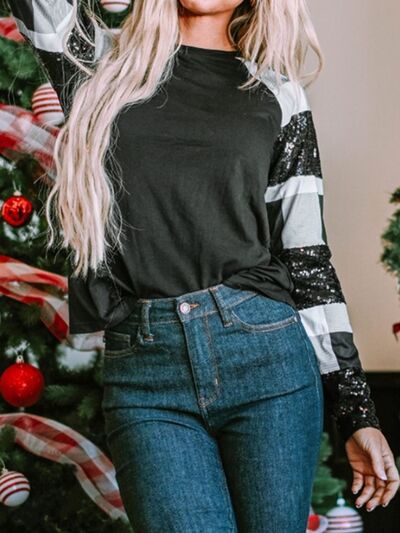 Plaid Sequin Long Sleeve Round Neck T-Shirt