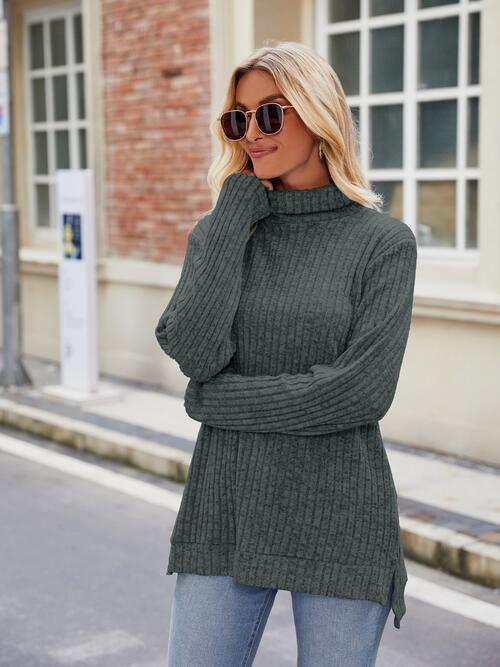 Ribbed Turtleneck Long Sleeve Slit Knit Top