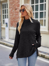 Ribbed Turtleneck Long Sleeve Slit Knit Top