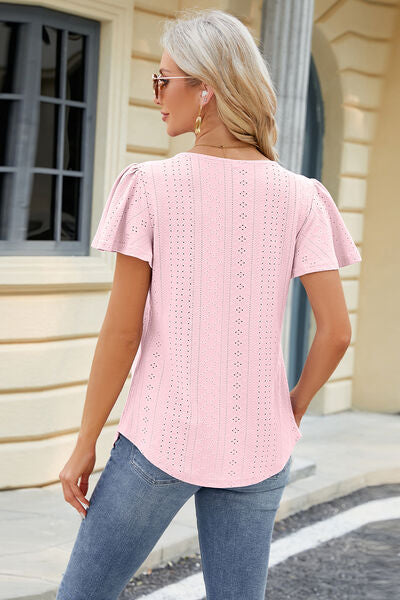 Eyelet Square Neck Short Sleeve T-Shirt