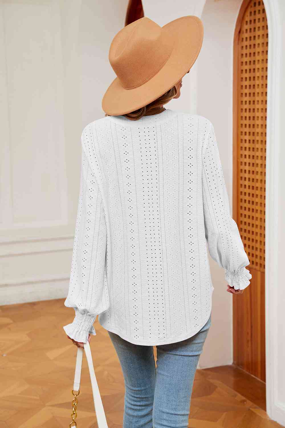 Notched Neck Flounce Sleeve Blouse