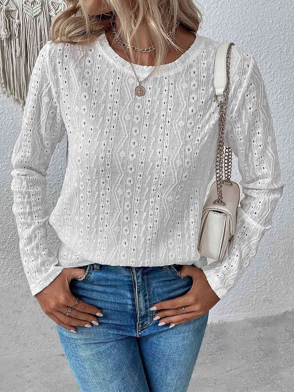 Eyelet Round Neck Long Sleeve Top