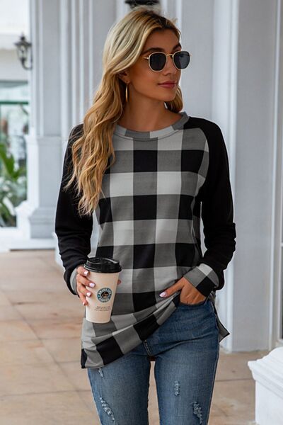 Plaid Round Neck Long Sleeve T-Shirt