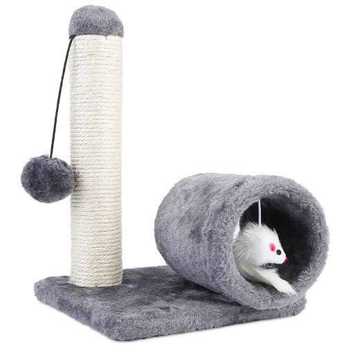 Cat Scratching Post Cat Kitten Sisal Scratch Post Toy w/ Tunnel & Lifelike Mouse Toy Pet Activity Play Fun - Gray