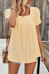 Eyelet Square Neck Puff Sleeve T-Shirt