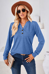 Notched Button Detail Long Sleeve T-Shirt