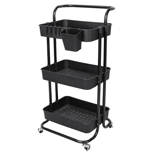 3 Tier Rolling Utility Cart Movable Storage Organizer with Mesh Baskets Lockable Wheels 360 Degree Rotatable Hanging Box Hooks Bedroom Bathroom Kitche - Black