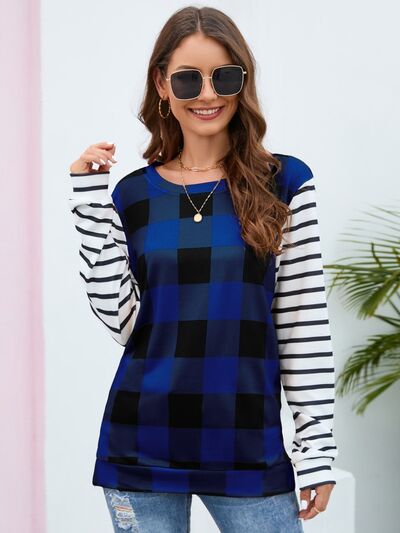 Plaid Striped Round Neck Long Sleeve T-Shirt