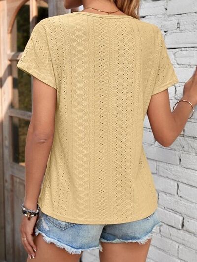 Eyelet V-Neck Short Sleeve T-Shirt