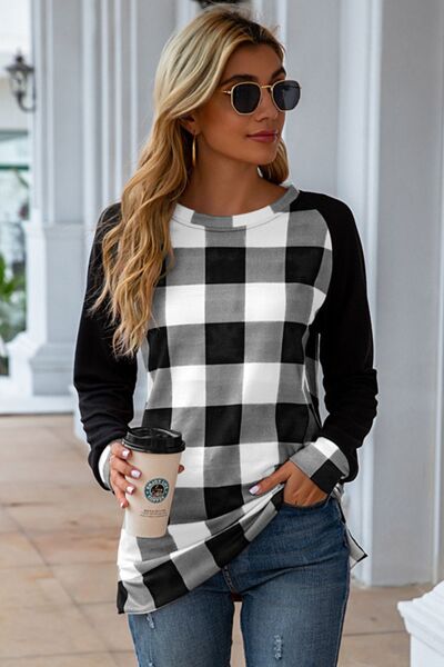 Plaid Round Neck Long Sleeve T-Shirt