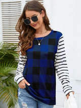 Plaid Striped Round Neck Long Sleeve T-Shirt