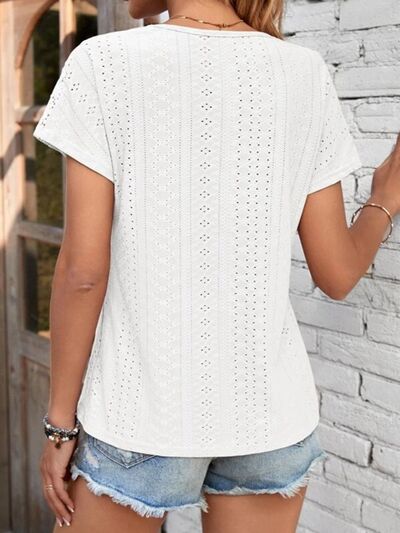 Eyelet V-Neck Short Sleeve T-Shirt