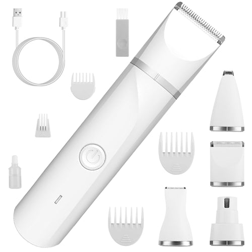 4 In 1 Electric Pet Dog Cat Grooming Kit Cordless Rechargeable Pet Hair Trimmer Shaver Set Low Noise Nail Grinder with 4 Guide Combs - White