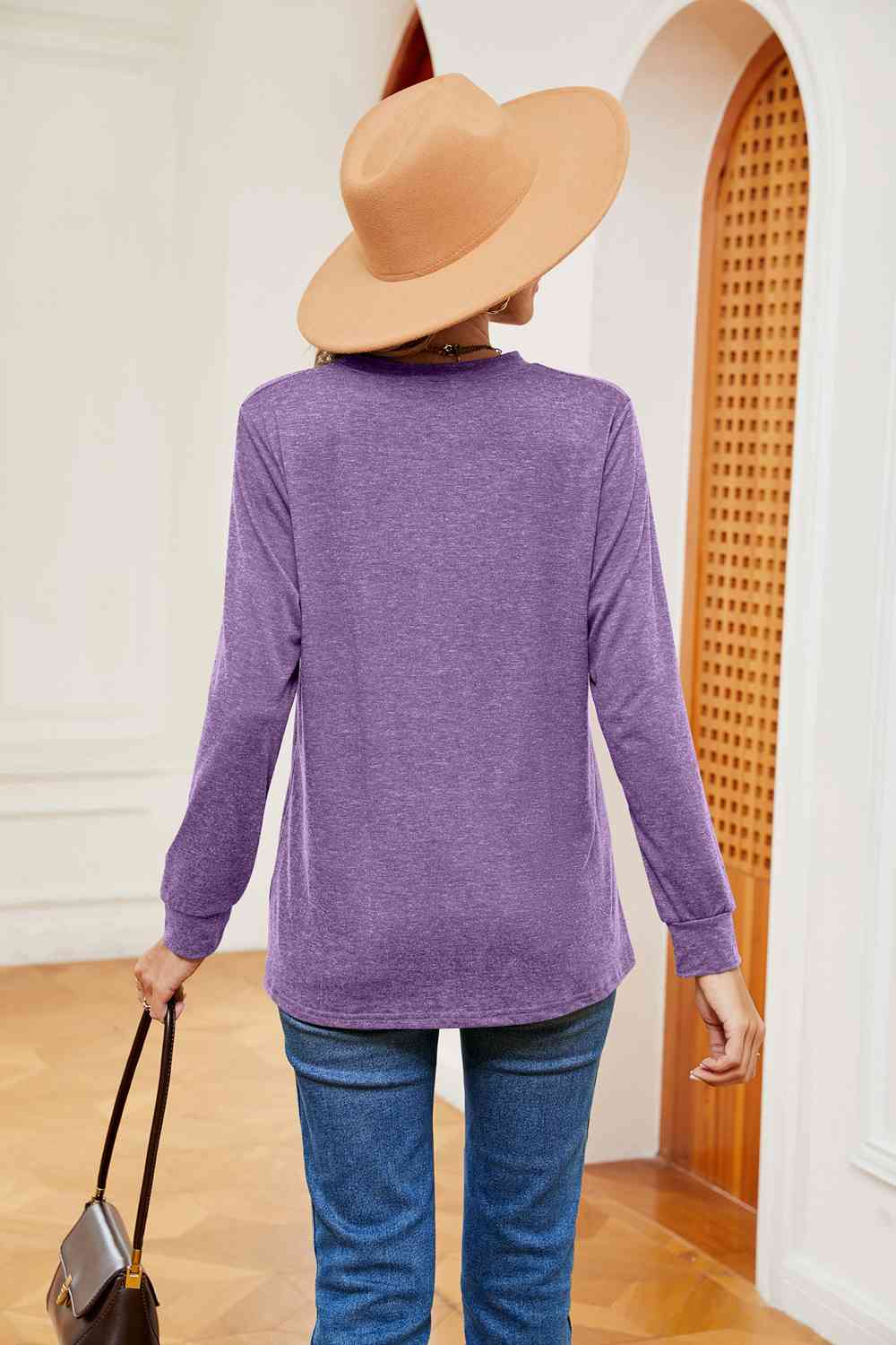 Buttoned Notched Neck Long Sleeve Top