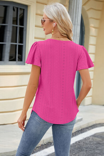 Eyelet Square Neck Short Sleeve T-Shirt