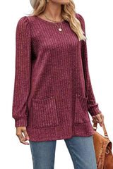 Ribbed Round Neck Long Sleeve T-Shirt