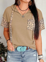 Leopard Drawstring Hooded Short Sleeve T-Shirt