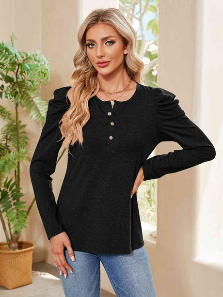 Buttoned Round Neck Puff Sleeve T-Shirt