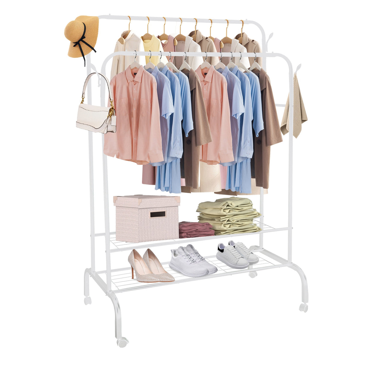 Garment Hanging Rack Clothing Hanging Rail Pillow Shoe Display Organizer Clothes Organizer Stand with 2 Rails 2 Shelves 4 Rolling Wheels 4 Hooks - White