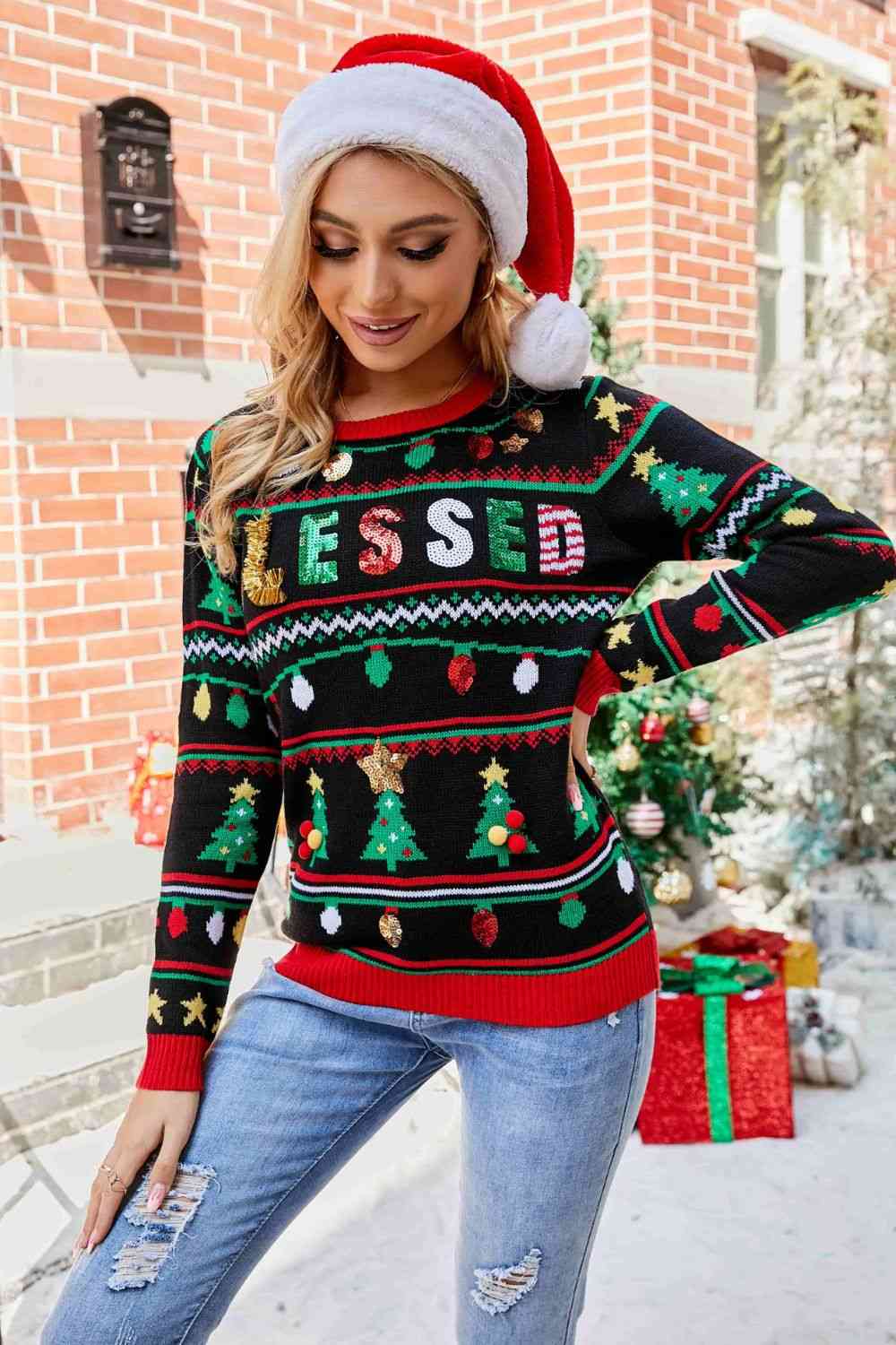 Christmas Print Sequin Round Neck Sweater