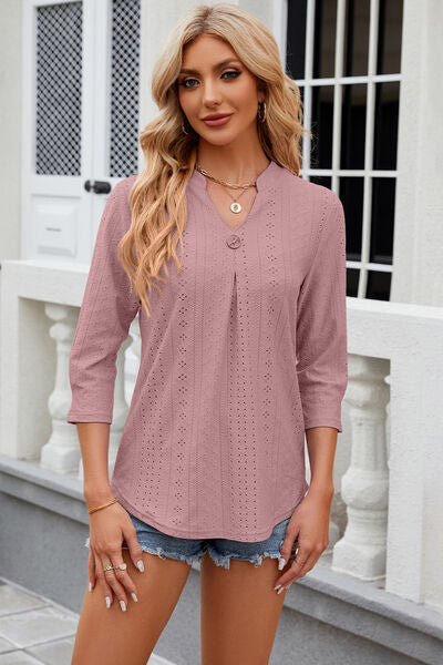 Eyelet Notched Knit Jacquard Top