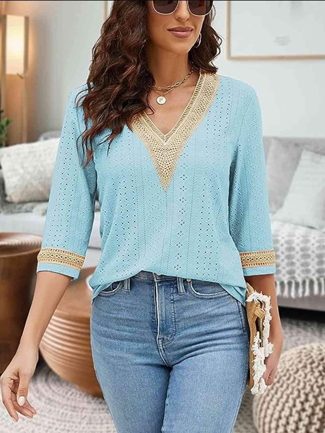 V-Neck Eyelet Blouse