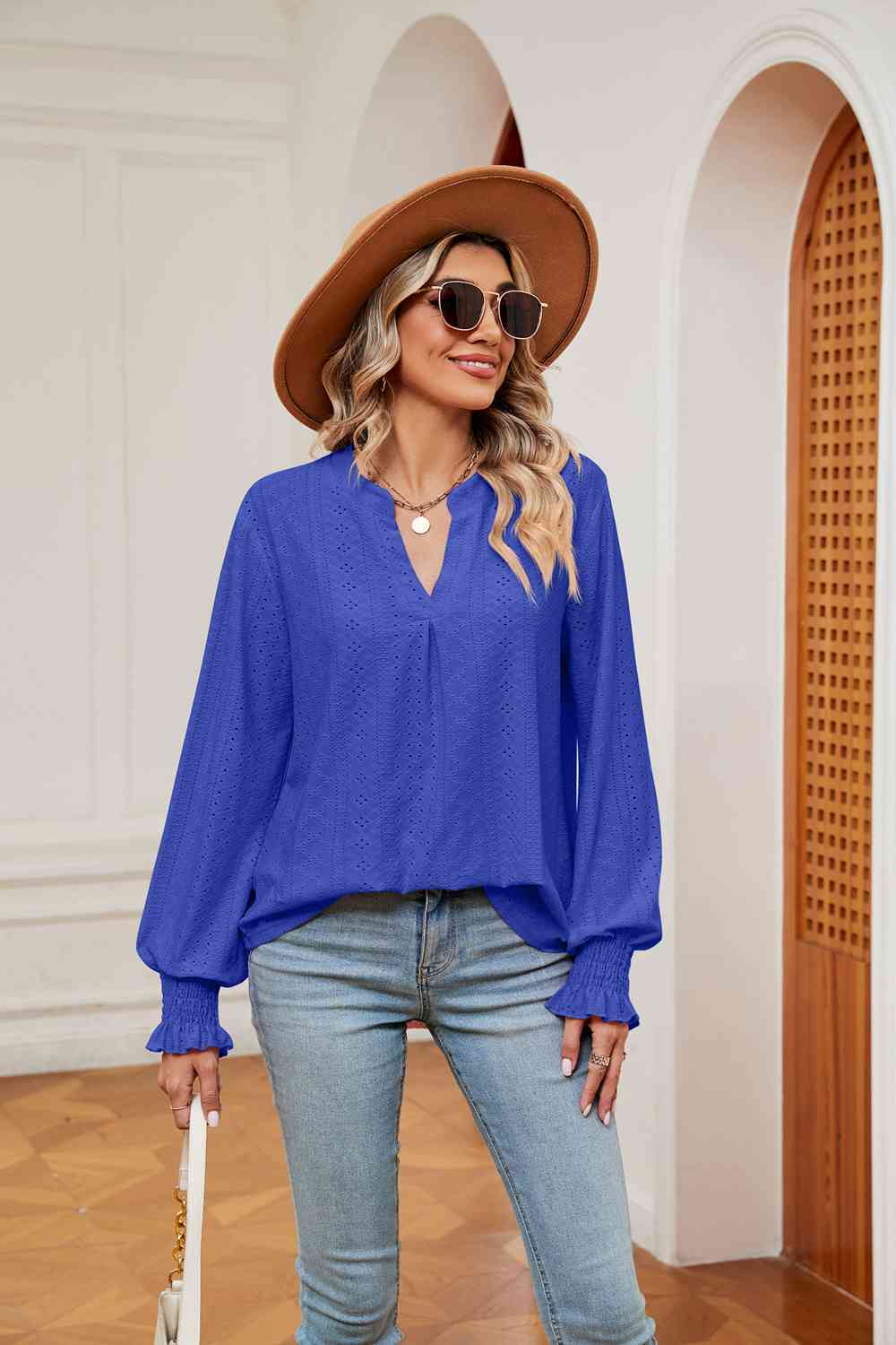 Notched Neck Flounce Sleeve Blouse