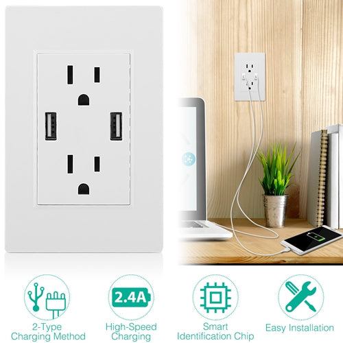 USB Wall Outlet Dual 2.4A USB Wall Charger High Speed Duplex Wall Socket US Standard - White