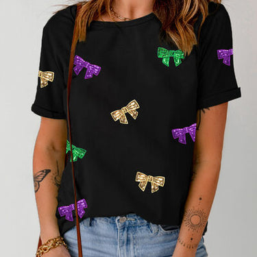 Bow Print Sequin Round Neck Short Sleeve T-Shirt