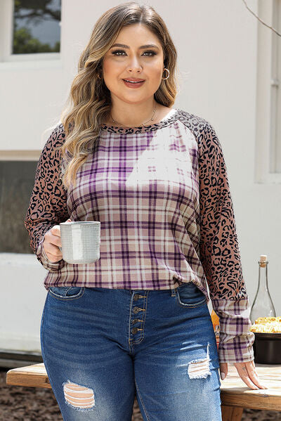 Plus Size Leopard Raglan Sleeve Plaid T-Shirt