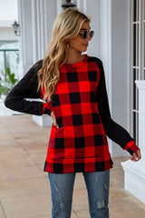 Plaid Round Neck Long Sleeve T-Shirt