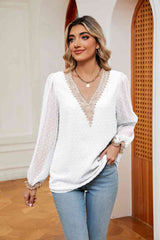 Swiss Dot Contrast V-Neck Blouse